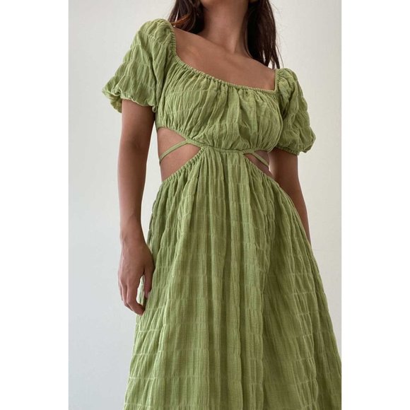 Spring Style Green Matcha Cut-Out Midi Dress 100% Cotton - Picture 7 of 11